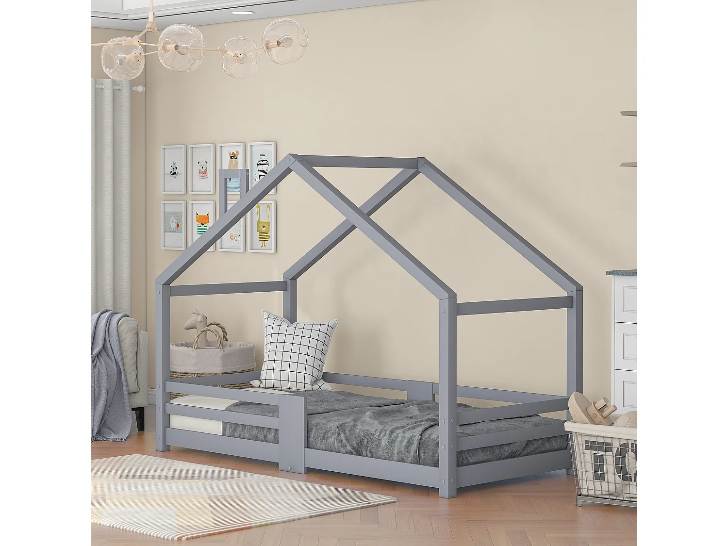 Lit cabane avec cheminée en pin Maison Lit - 90 x 200 cm sans matelas, gris - Sweiko