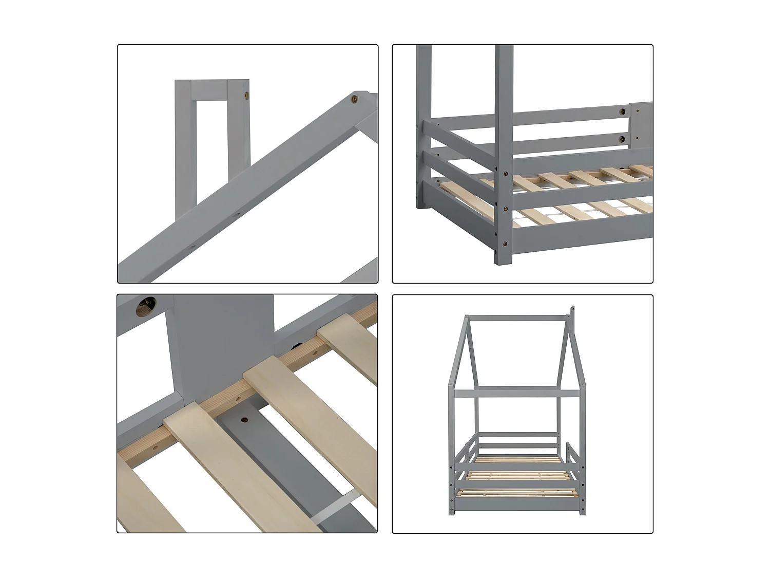 Lit cabane avec cheminée en pin Maison Lit - 90 x 200 cm sans matelas, gris - Sweiko