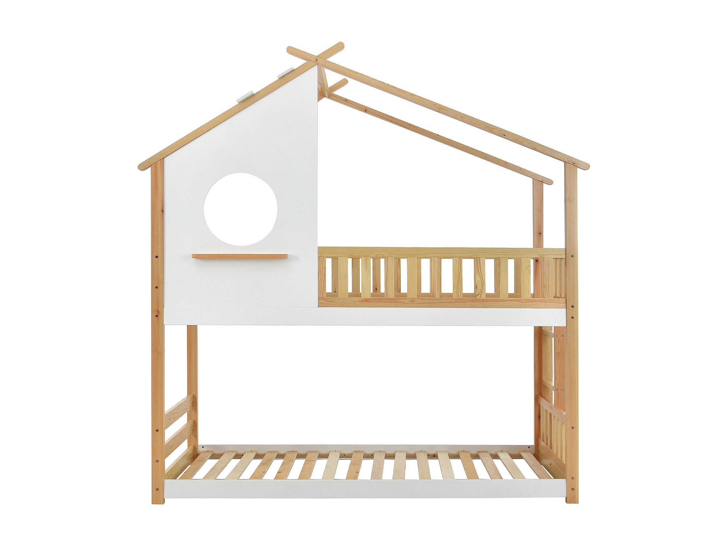 Lit Superposé Avec Rangement Sweiko - Lits 90x200 Et 140x200 Cm - Blanc Et Naturel - Étagères, Tiroirs, Barrières De Sécurité - Style Cottage (À Monter)