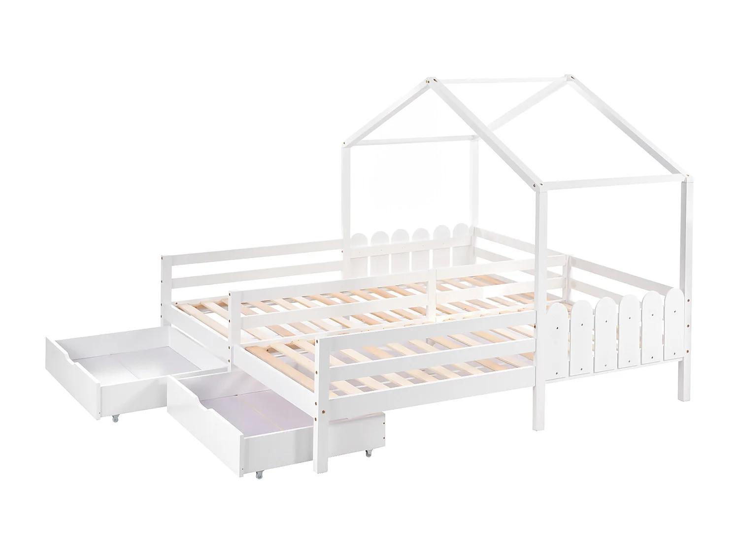 Lit cabane - 2 tiroirs avec roulettes Cadre à lattes en Bois blanc 200x90 cm - Sweiko