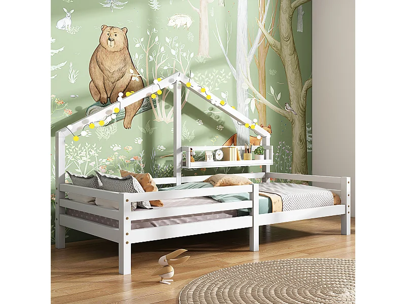Lit cabane avec tablette de rangement et garde-corps - 90x200 cm - blanc - Sweiko