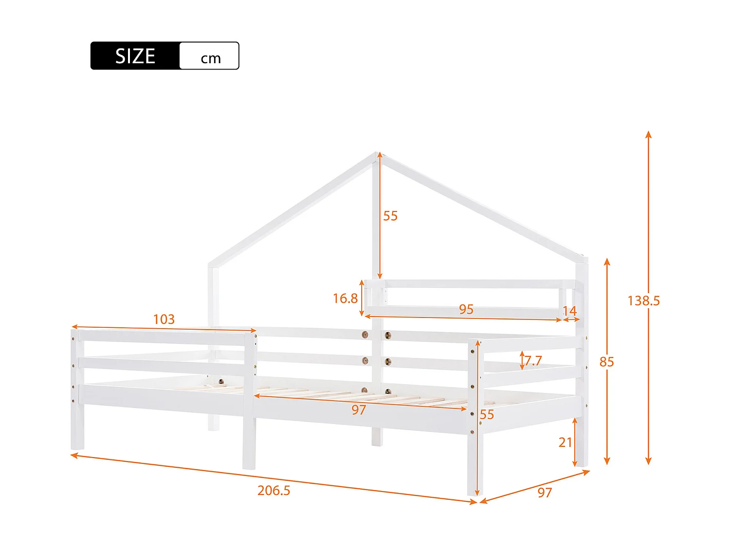 Lit cabane avec tablette de rangement et garde-corps - 90x200 cm - blanc - Sweiko