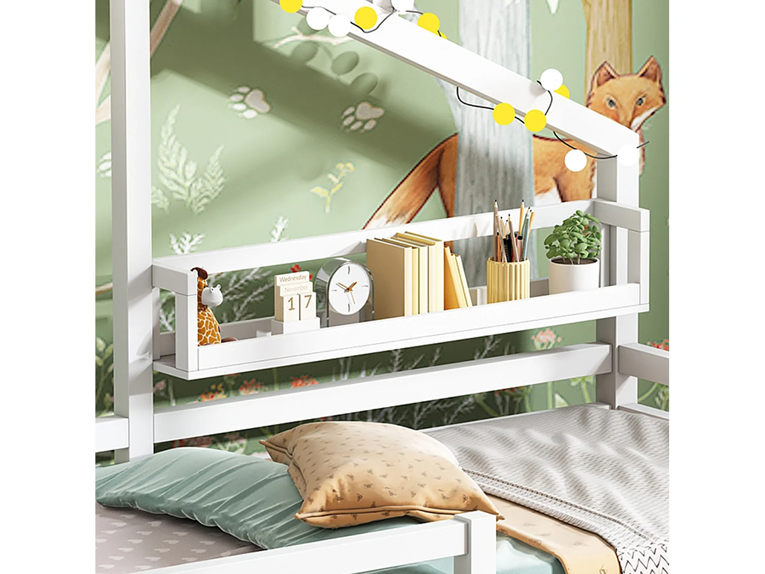 Lit cabane avec tablette de rangement et garde-corps - 90x200 cm - blanc - Sweiko