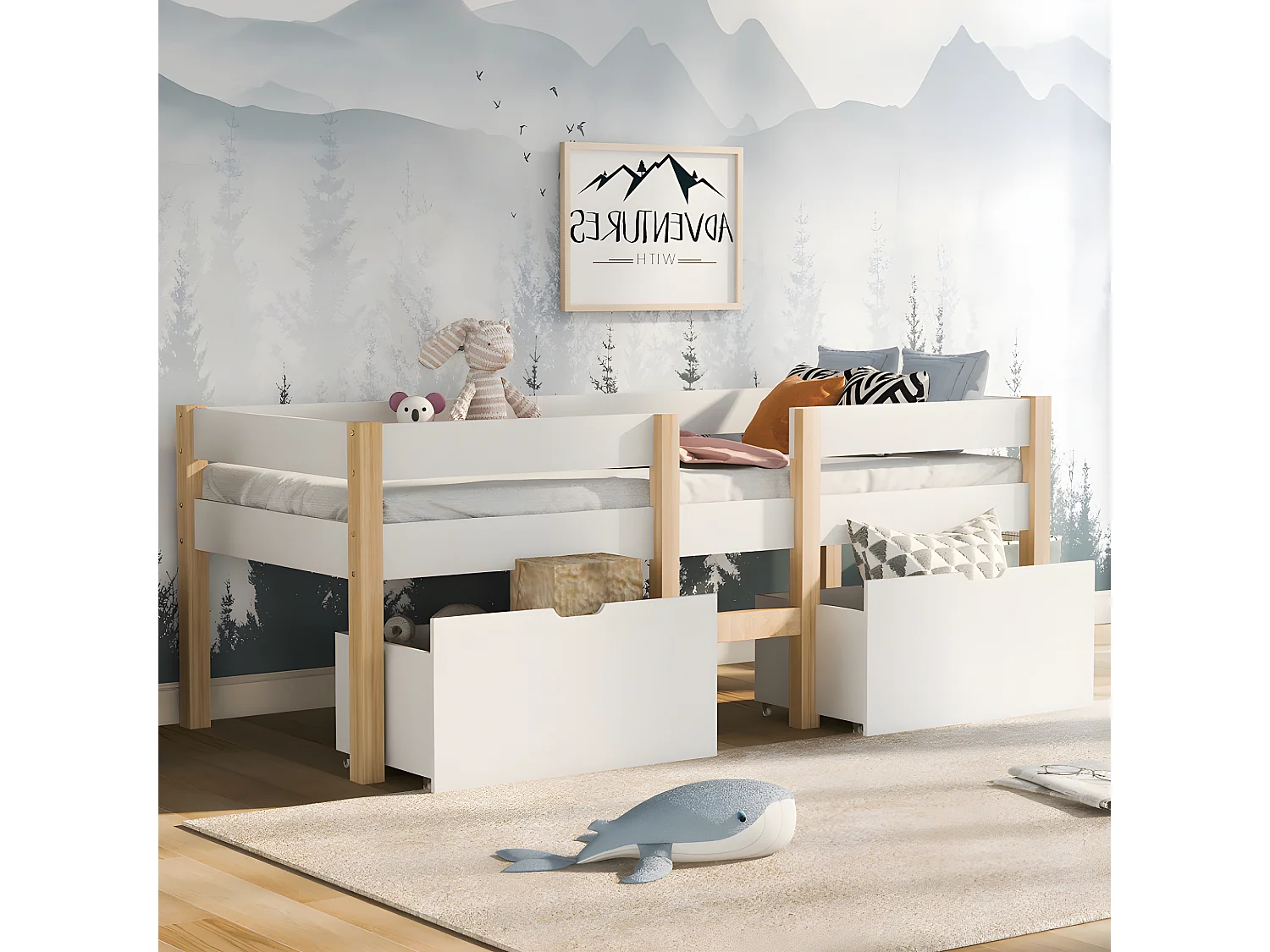 Lit cabane avec protection, 90x200 cm - blanc & chêne 2 Tiroir de lit - Sweiko