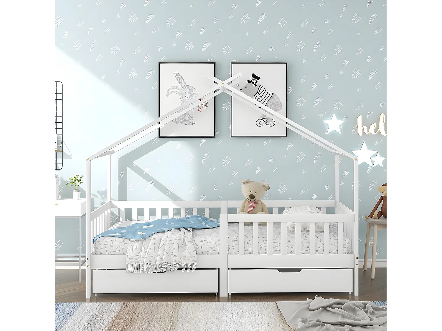 Lit cabane - Blanc - 90 x 200 cm avec 2 tiroirs - Sweiko