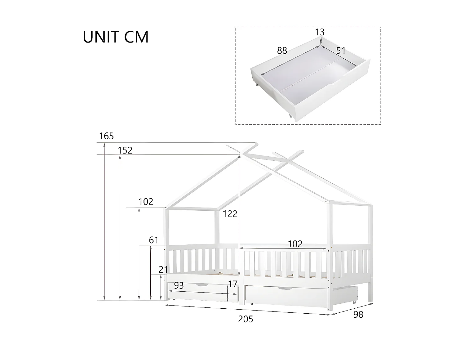 Lit cabane - Blanc - 90 x 200 cm avec 2 tiroirs - Sweiko