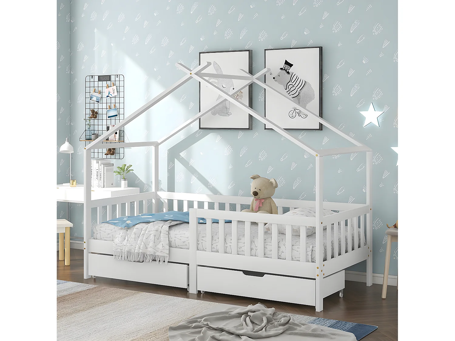 Lit cabane - Blanc - 90 x 200 cm avec 2 tiroirs - Sweiko