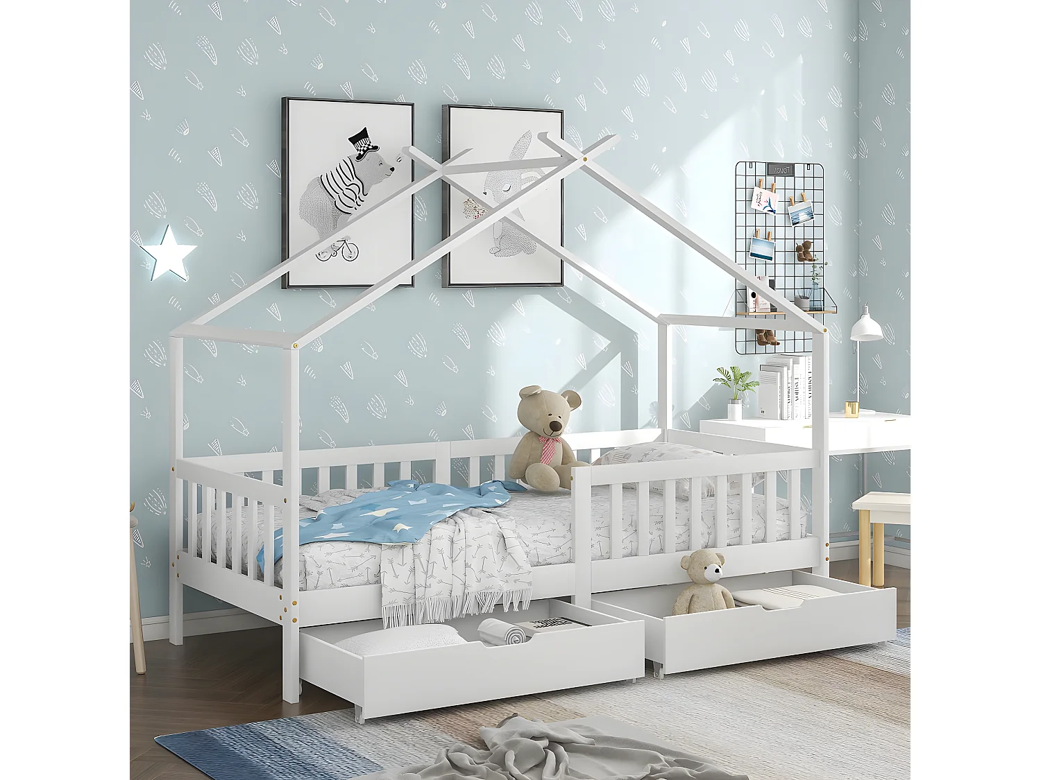 Lit cabane - Blanc - 90 x 200 cm avec 2 tiroirs - Sweiko