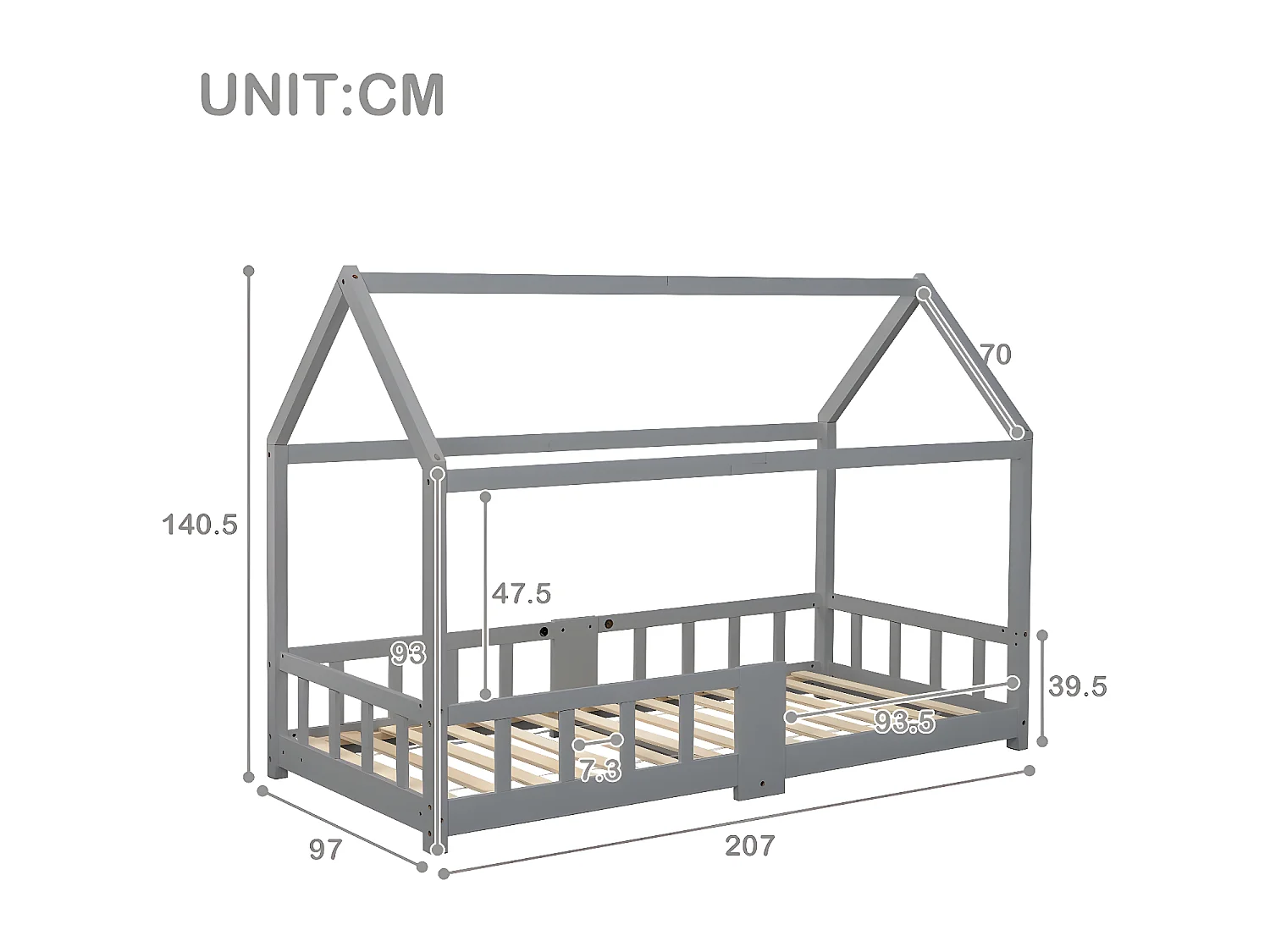 Lit cabane - 90 x 200 cm Protection antichute, Gris (sans matelas) - Sweiko