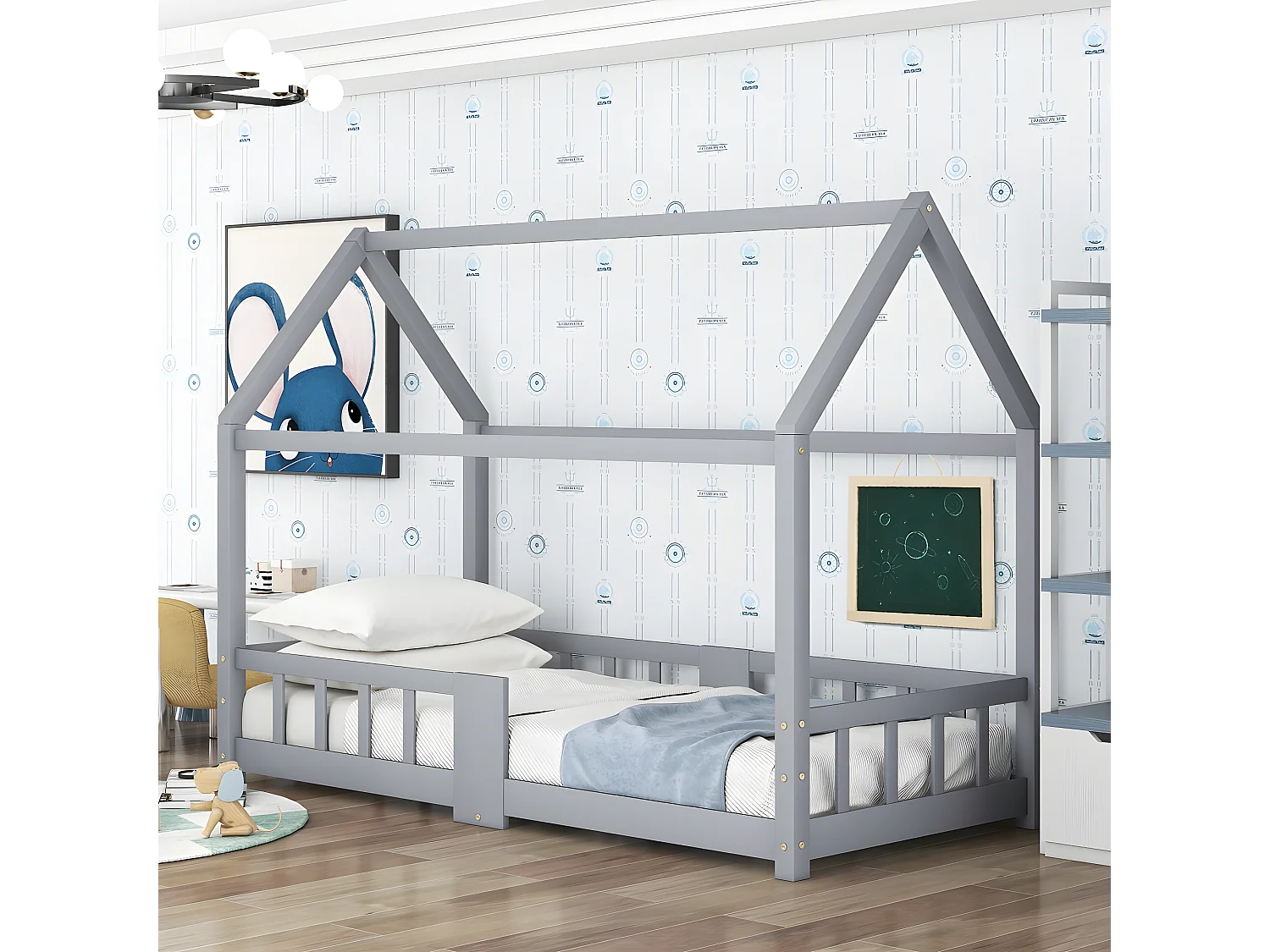 Lit cabane - 90 x 200 cm Protection antichute, Gris (sans matelas) - Sweiko