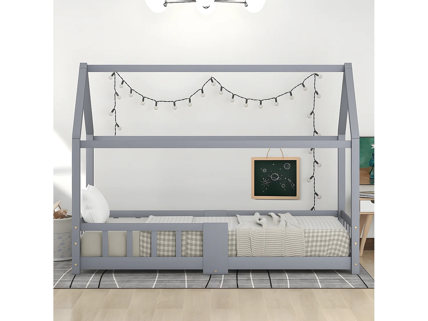 Lit cabane - 90 x 200 cm Protection antichute, Gris (sans matelas) - Sweiko