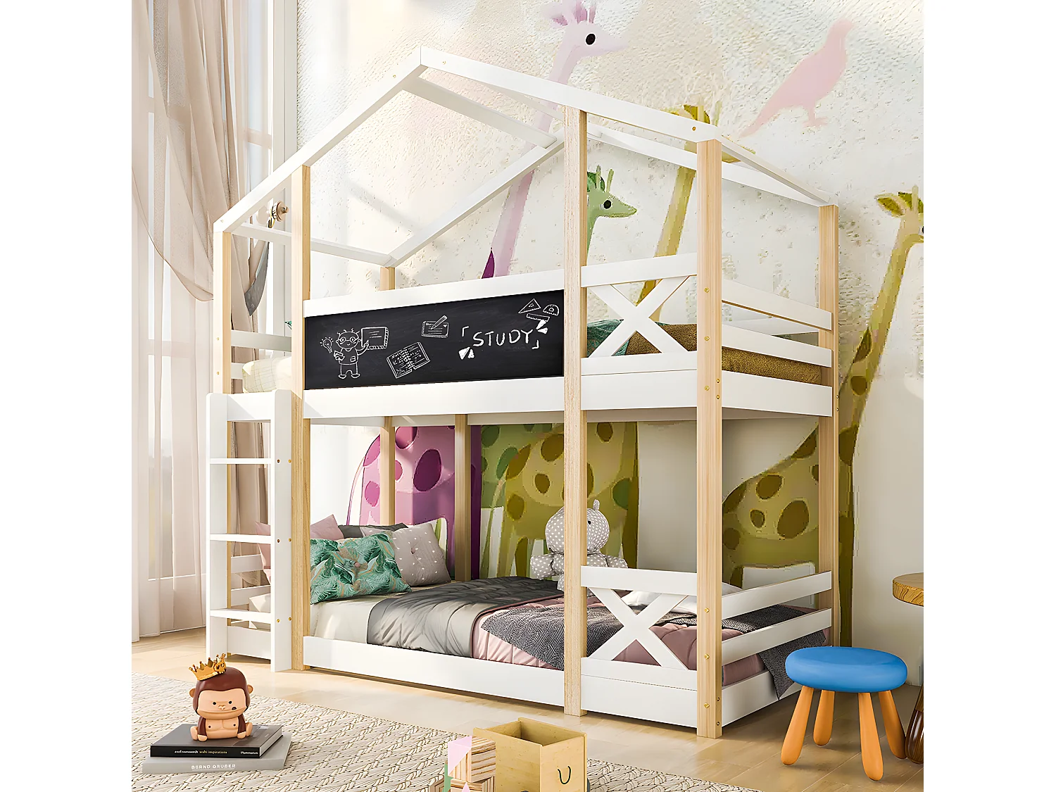 Lit cabane 90 x 200 cm avec échelle - Nature Blanc - Sweiko