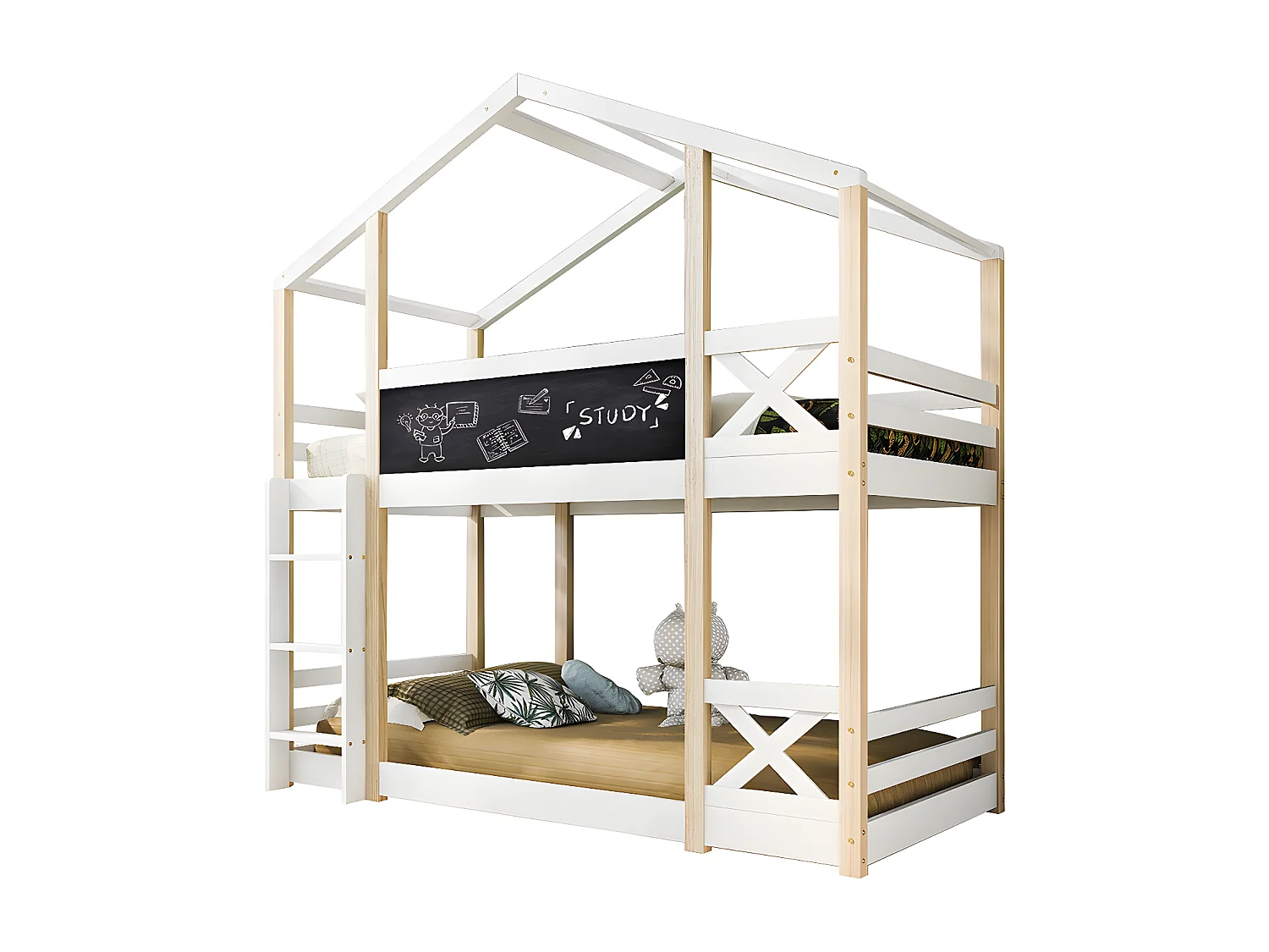 Lit cabane 90 x 200 cm avec échelle - Nature Blanc - Sweiko