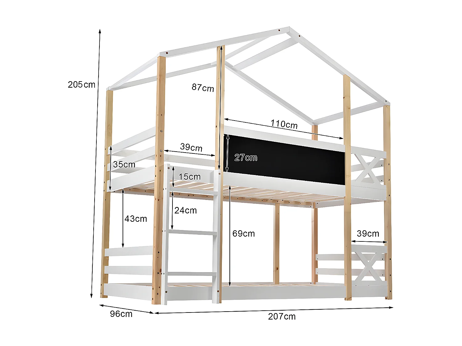 Lit cabane 90 x 200 cm avec échelle - Nature Blanc - Sweiko