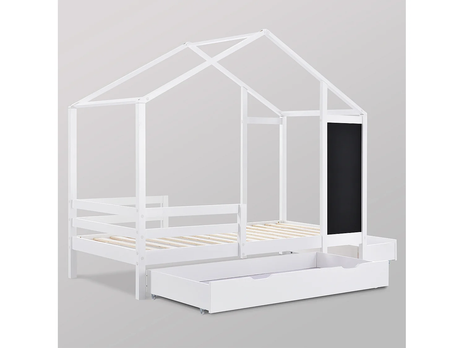 Lit cabane - 90 x 200 cm Lit en bois avec tableau et 2 tiroirs - Blanc - Sweiko