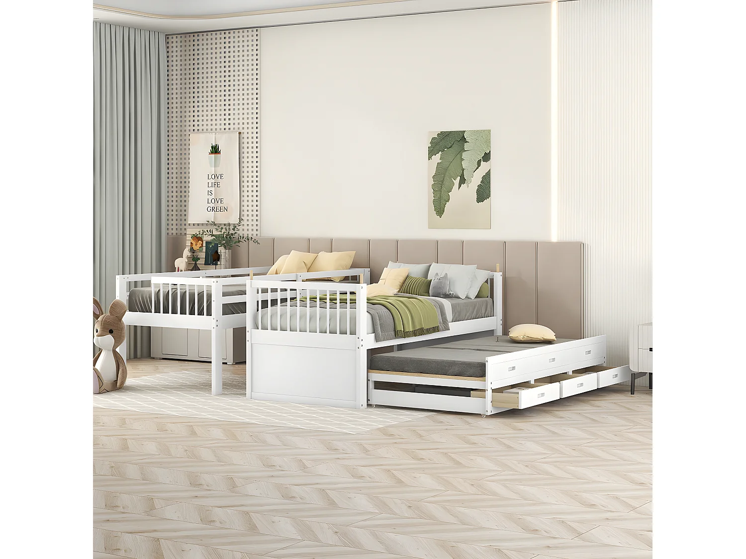 Lit cabane - 90x200 cm - avec échelle et lit escamotable et 3 tiroirs Blanc - Sweiko
