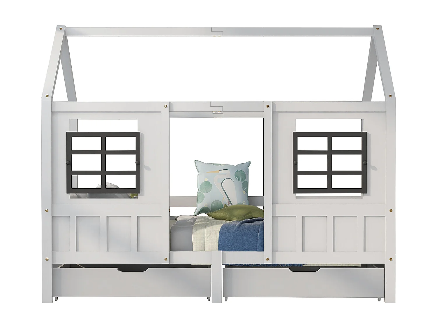 Lit cabane avec 2 tiroirs - avec 2 fenêtres blanc (200 x 90 cm) - Sweiko