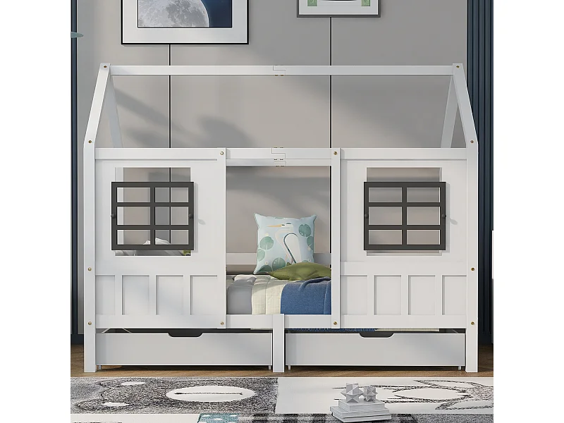 Lit cabane avec 2 tiroirs - avec 2 fenêtres blanc (200 x 90 cm) - Sweiko