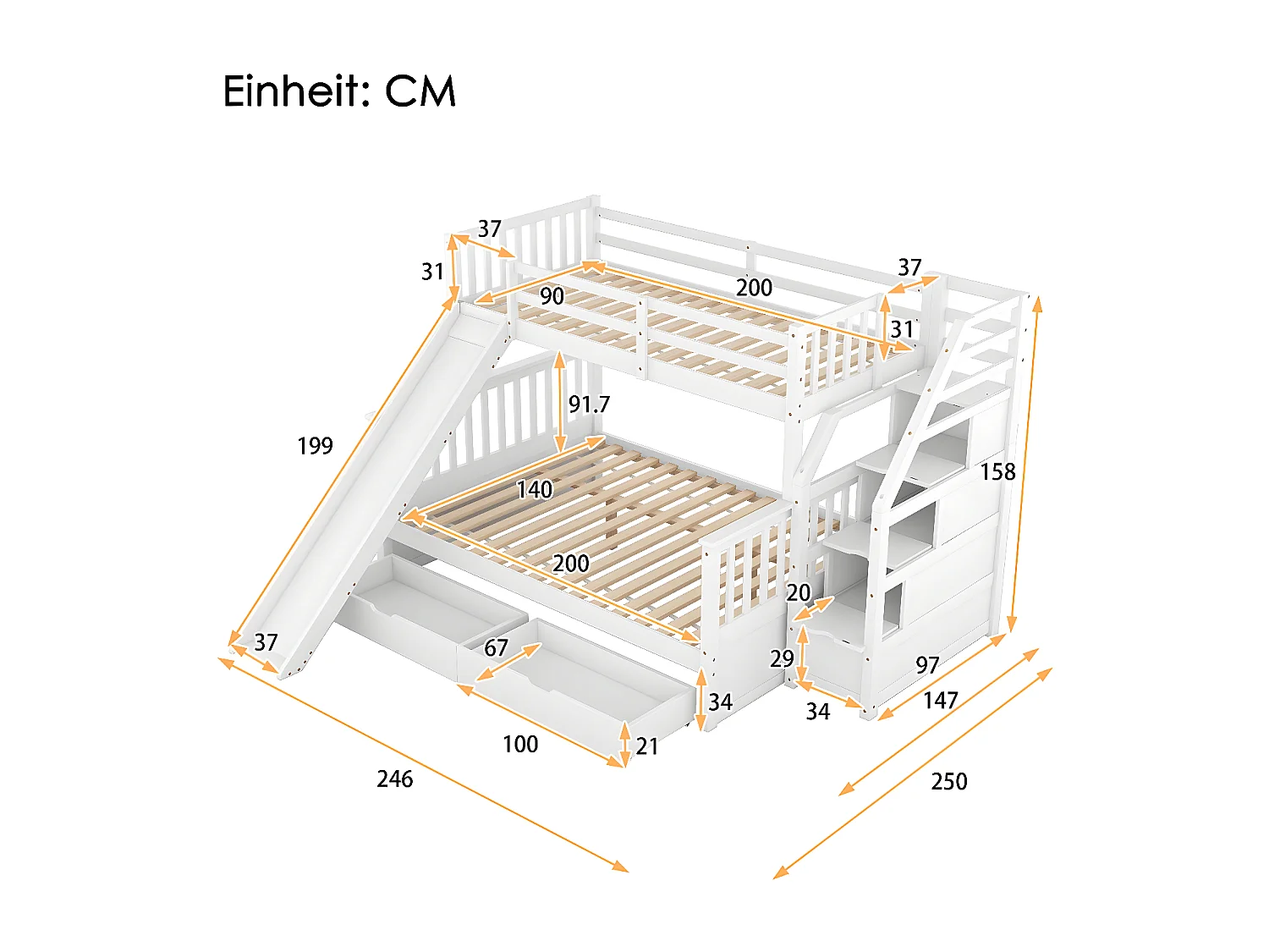Lit cabane avec tiroirs, 90 x 200 cm espace de rangement - blanc - Sweiko