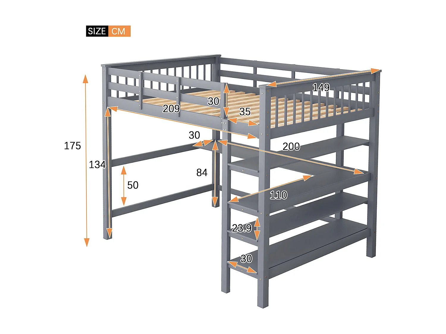 Lit cabane avec compartiment de rangement et bureau, gris 140 x 200 cm - Sweiko