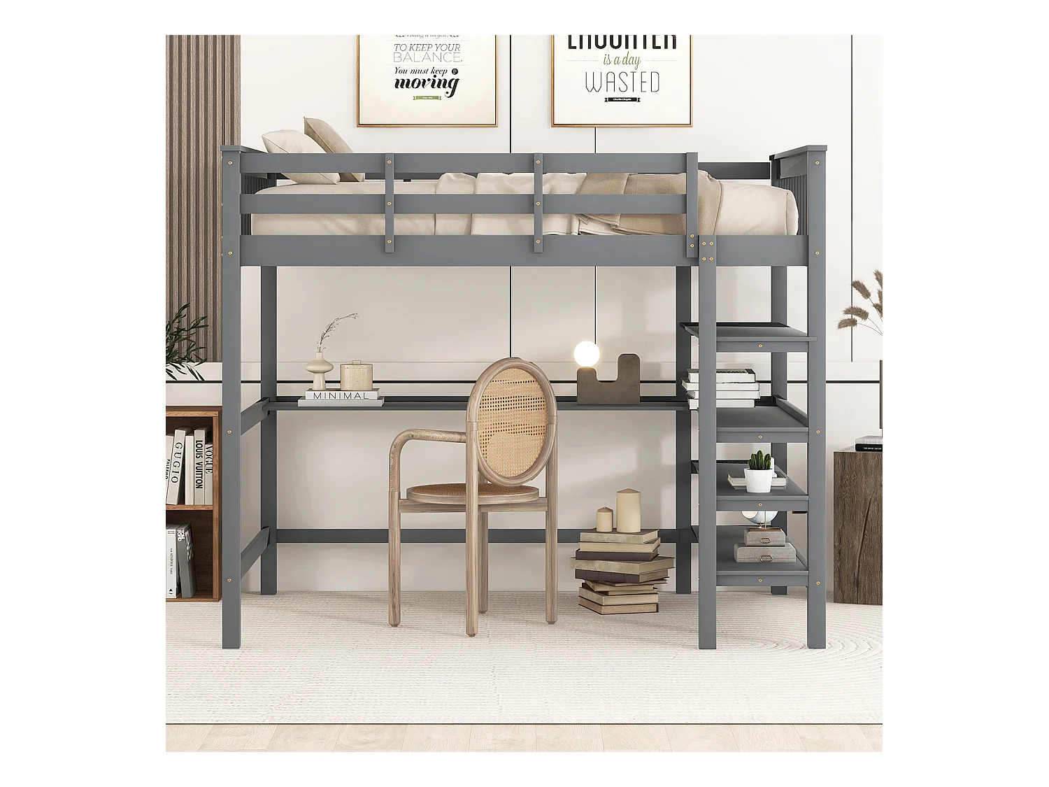 Lit cabane avec compartiment de rangement et bureau, gris 140 x 200 cm - Sweiko