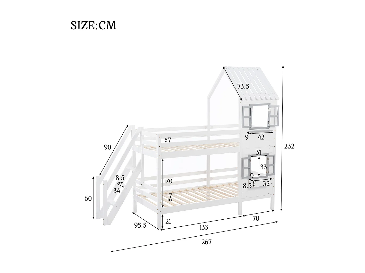 Lit cabane avec marche d'angle barre anti-chute - blanc 200x90 cm - Sweiko