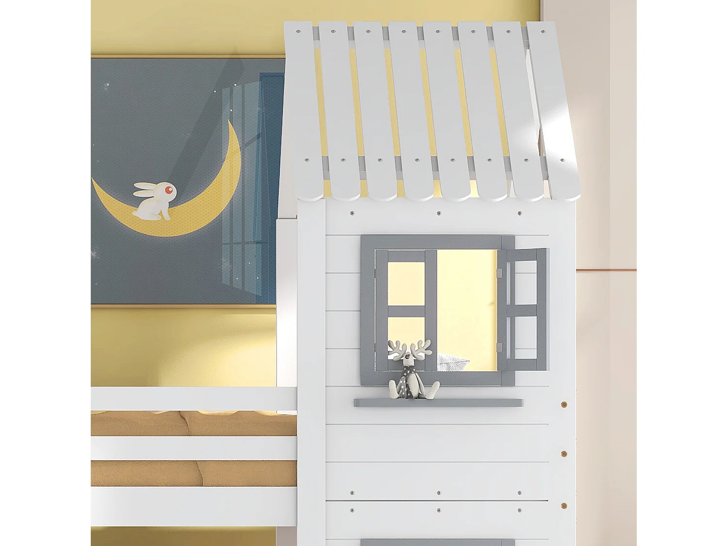 Lit cabane avec marche d'angle barre anti-chute - blanc 200x90 cm - Sweiko