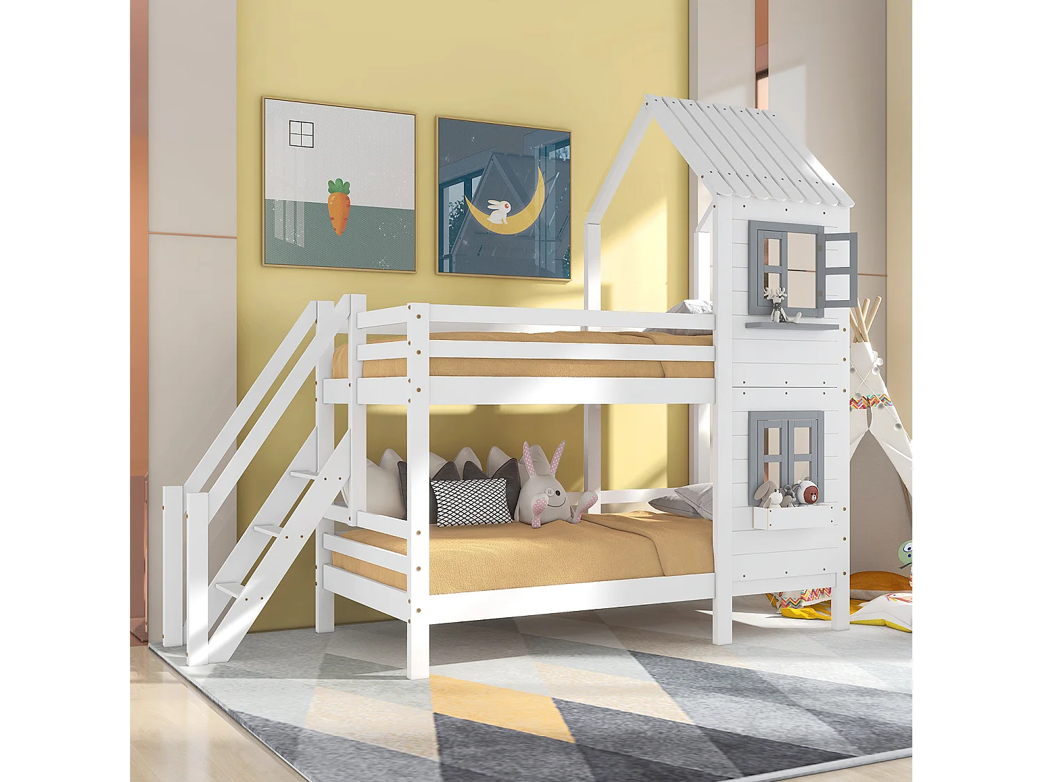 Lit cabane avec marche d'angle barre anti-chute - blanc 200x90 cm - Sweiko