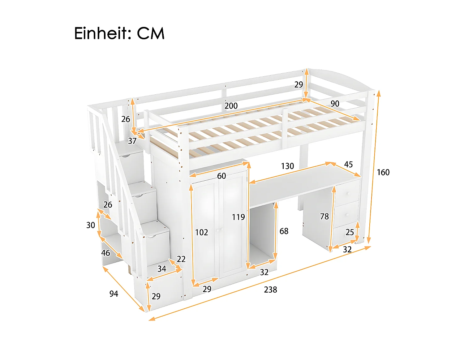 Lit cabane enfant - 90 x 200 cm avec penderie et escalier, blanc - Sweiko