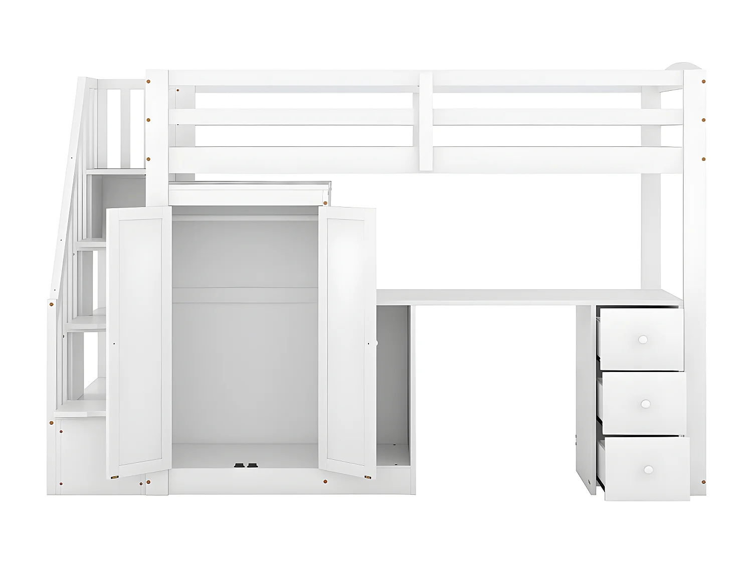 Lit cabane enfant - 90 x 200 cm avec penderie et escalier, blanc - Sweiko