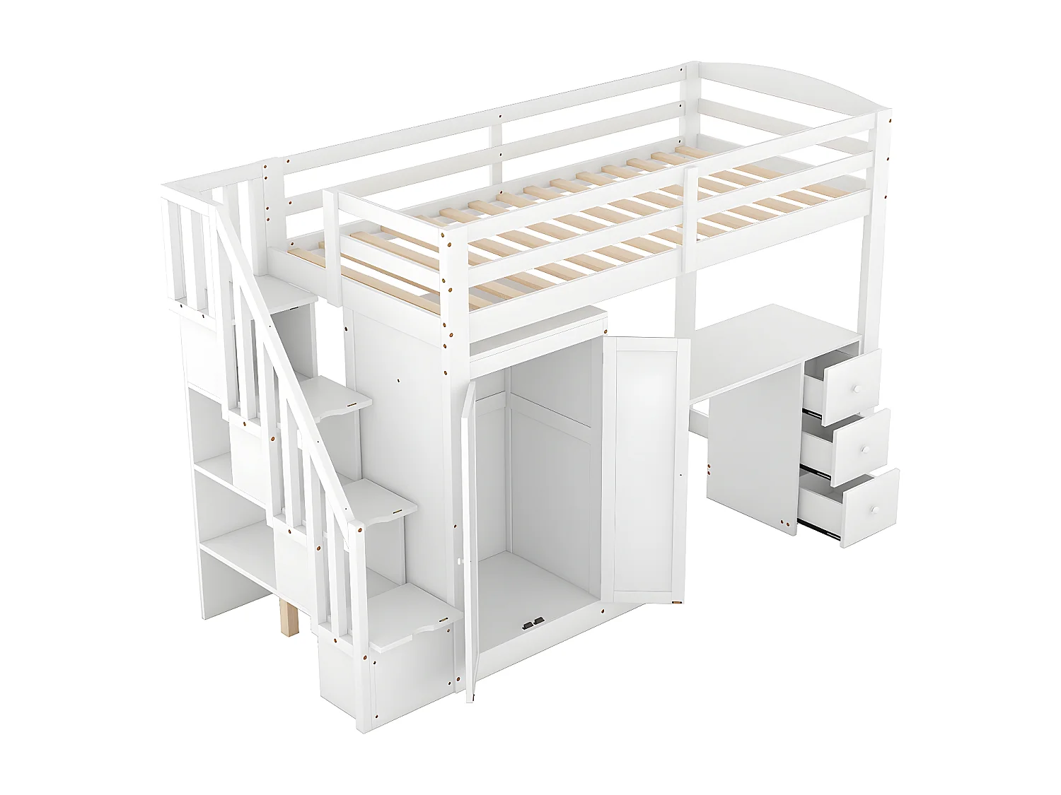 Lit cabane enfant - 90 x 200 cm avec penderie et escalier, blanc - Sweiko
