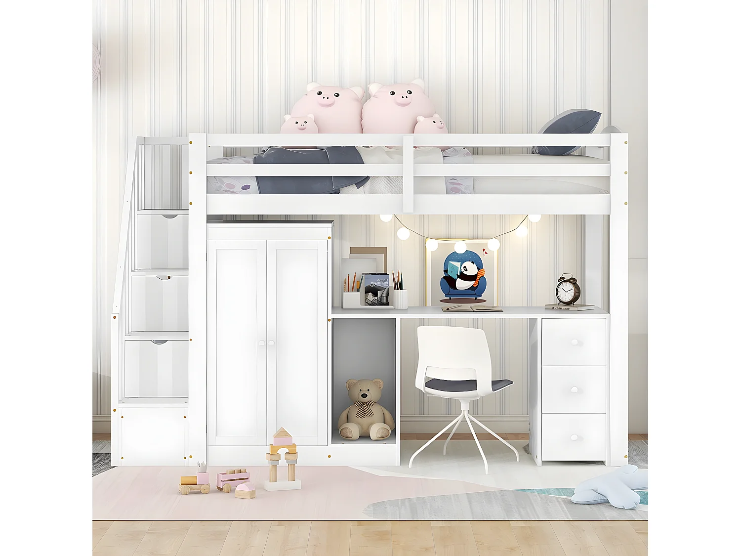 Lit cabane enfant - 90 x 200 cm avec penderie et escalier, blanc - Sweiko
