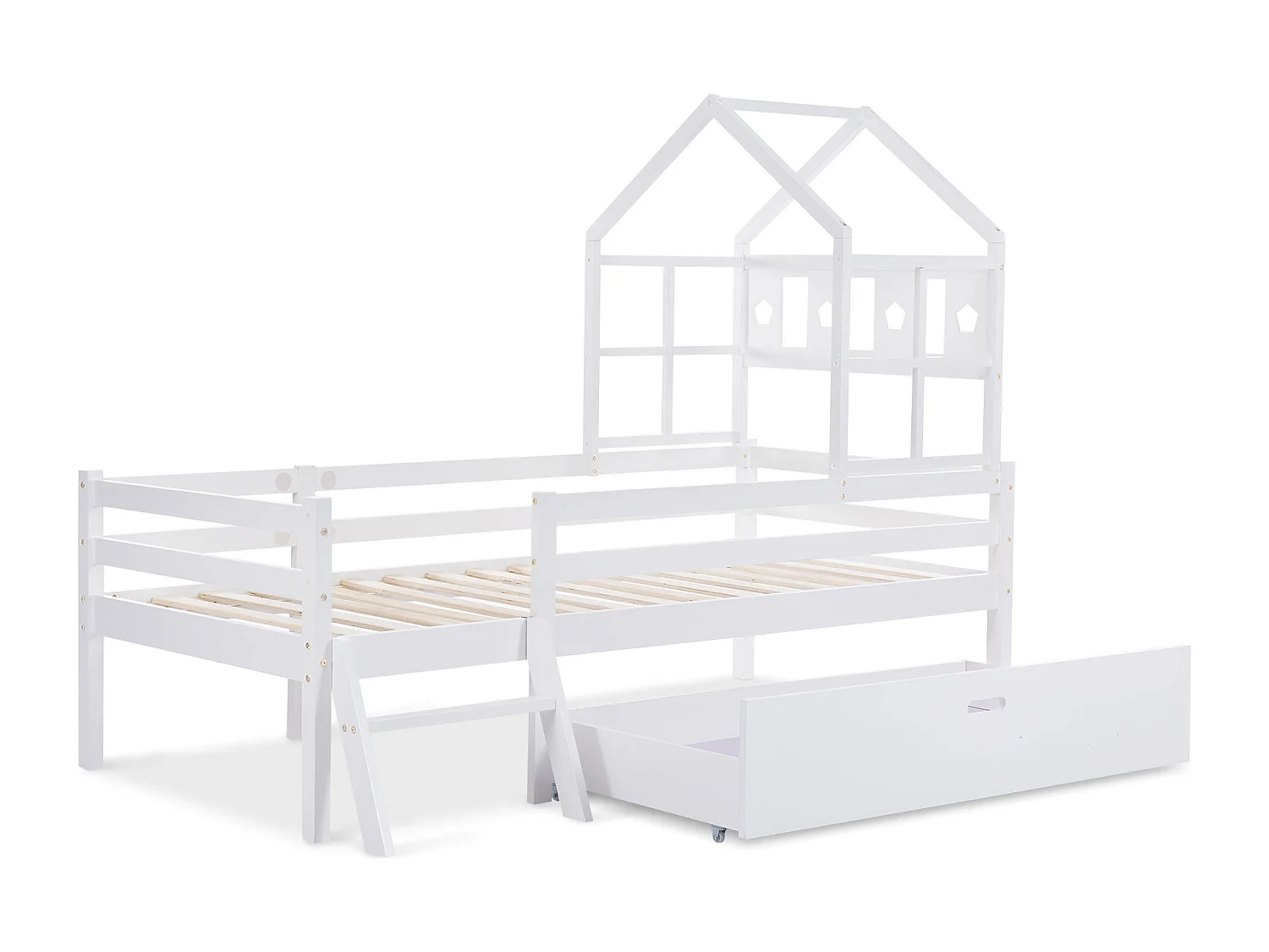 Lit cabane avec échelle et tiroirs, 90x200cm blanc (sans matelas) - Sweiko