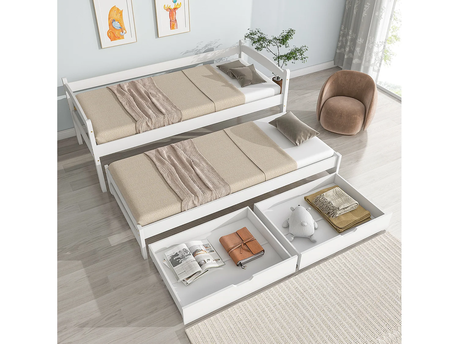 Lit cabane avec roulettes en bas 2 tiroirs en MDF blanc (200x90cm/190x90cm) - Sweiko