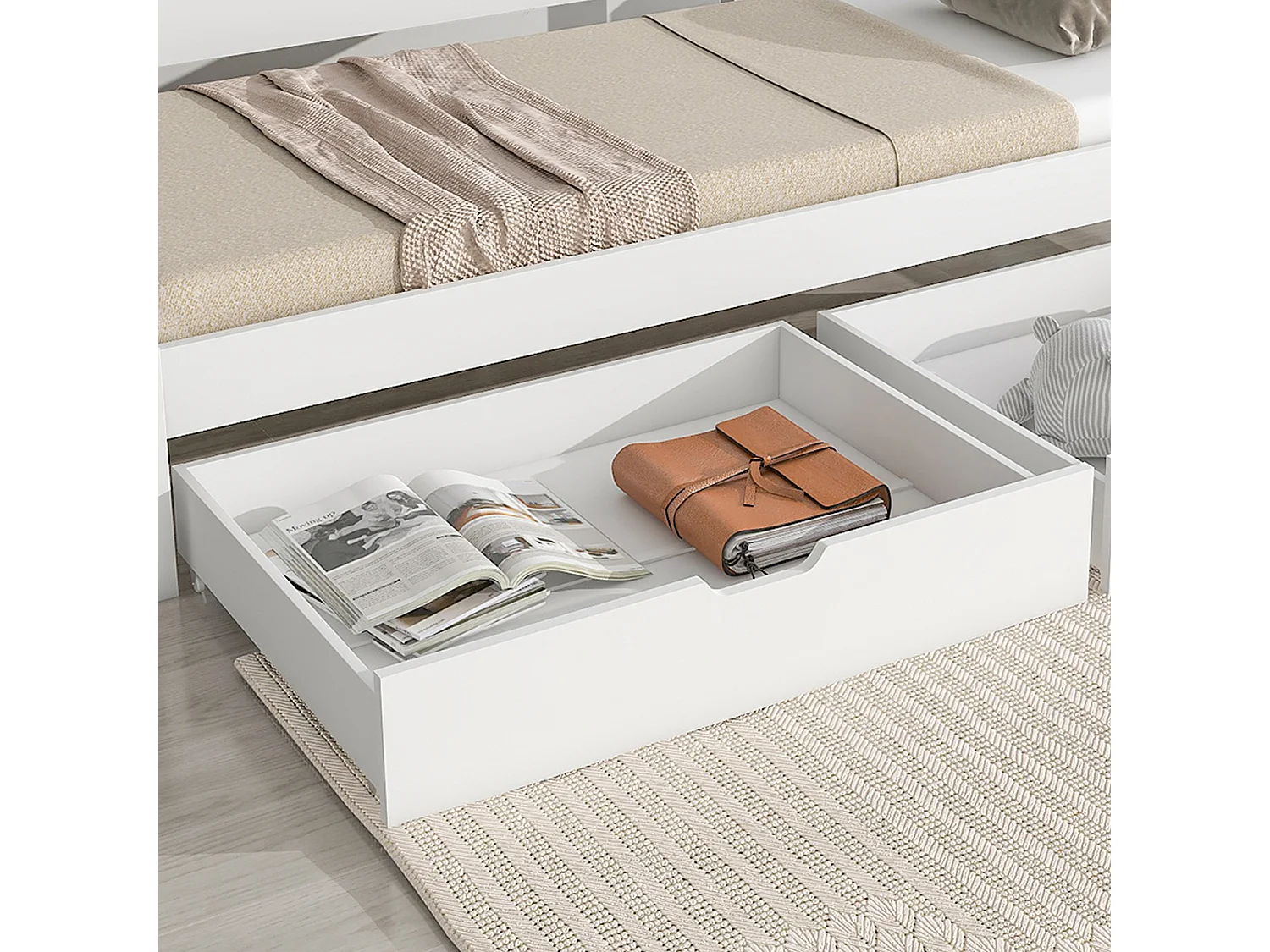 Lit cabane avec roulettes en bas 2 tiroirs en MDF blanc (200x90cm/190x90cm) - Sweiko