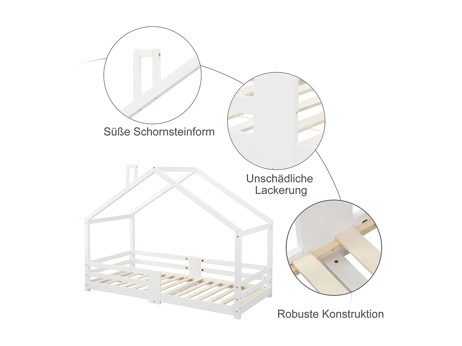 Lit cabane avec cheminée en pin Maison Lit - 90 x 200 cm sans matelas, blanc - Sweiko