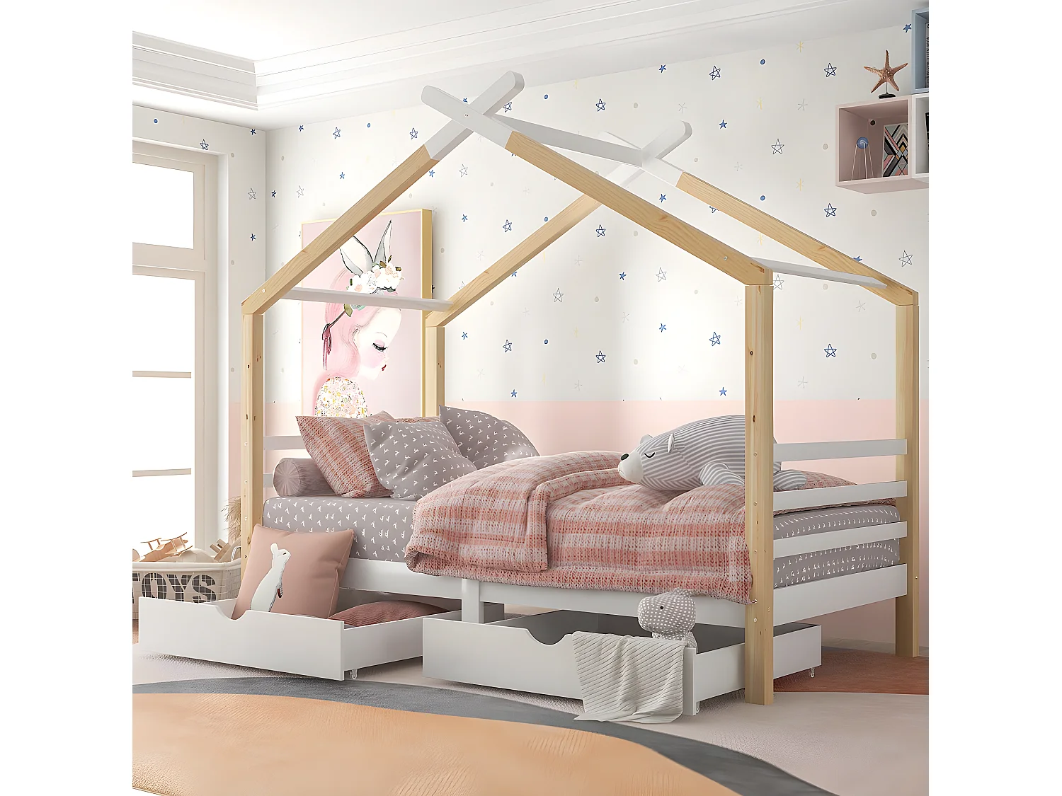 Lit cabane avec tiroirs et adolescents - Blanc + couleur bois 90x200 cm - Sweiko