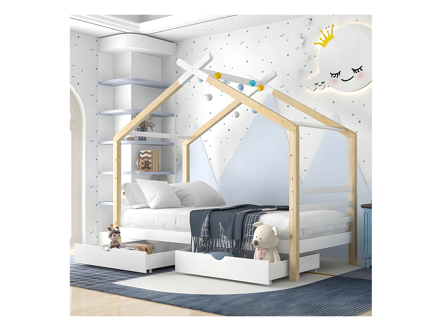 Lit cabane avec tiroirs et adolescents - Blanc + couleur bois 90x200 cm - Sweiko