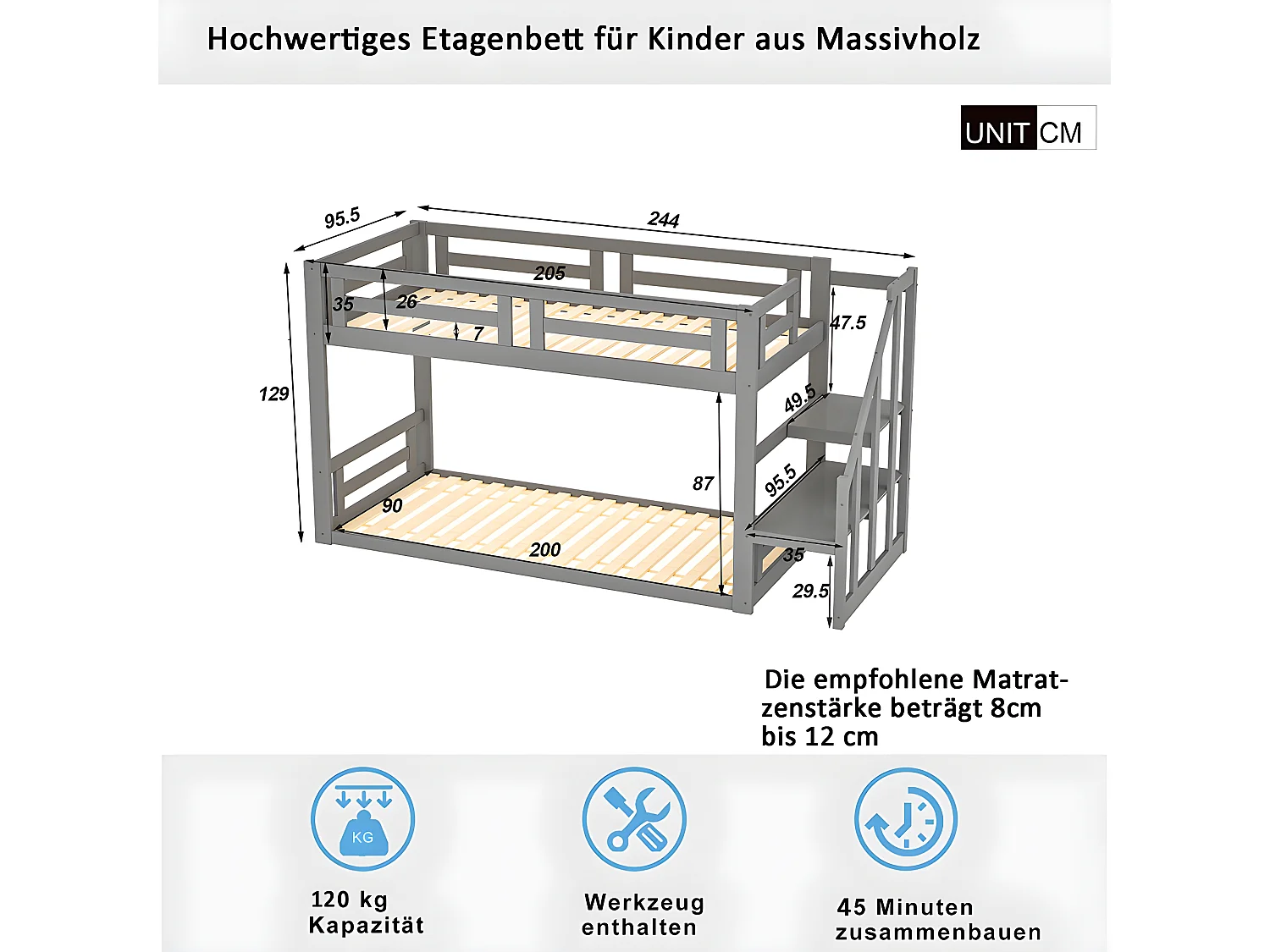 Lit cabane 90x200 cm lit superposé inférieur avec escalier de sécurité - gris - Sweiko