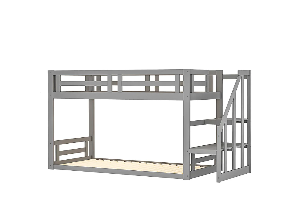 Lit cabane 90x200 cm lit superposé inférieur avec escalier de sécurité - gris - Sweiko