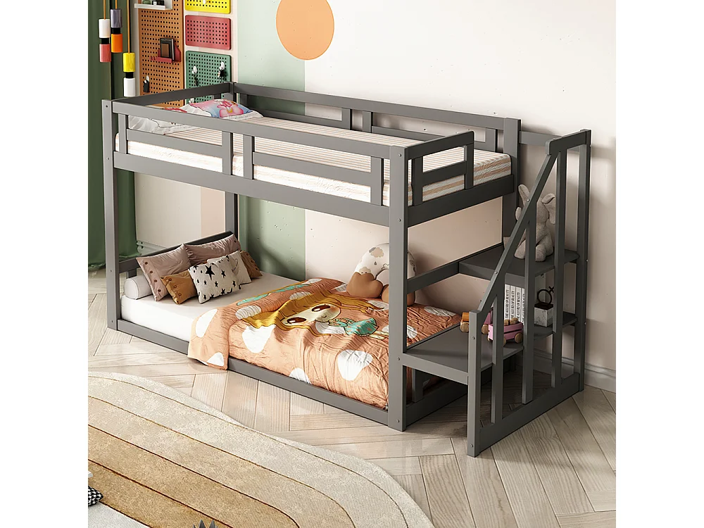Lit cabane 90x200 cm lit superposé inférieur avec escalier de sécurité - gris - Sweiko