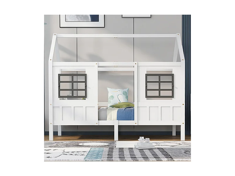Lit cabane 200x90 cm - lit d'enfant avec 2 fenêtres, blanc - Sweiko