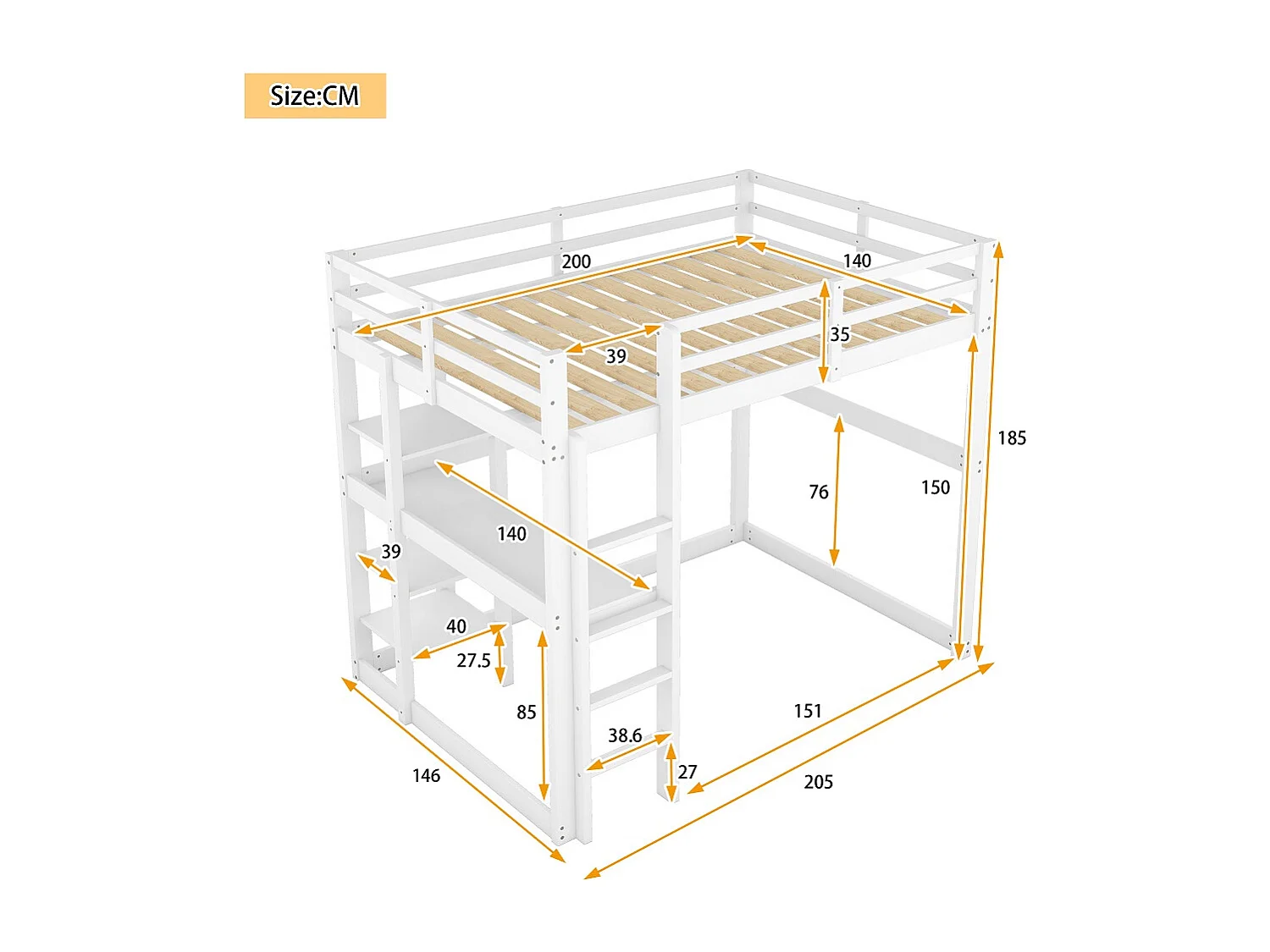 Lit cabane 140 X 200 cm - avec espace de rangement - blanc- Sweiko
