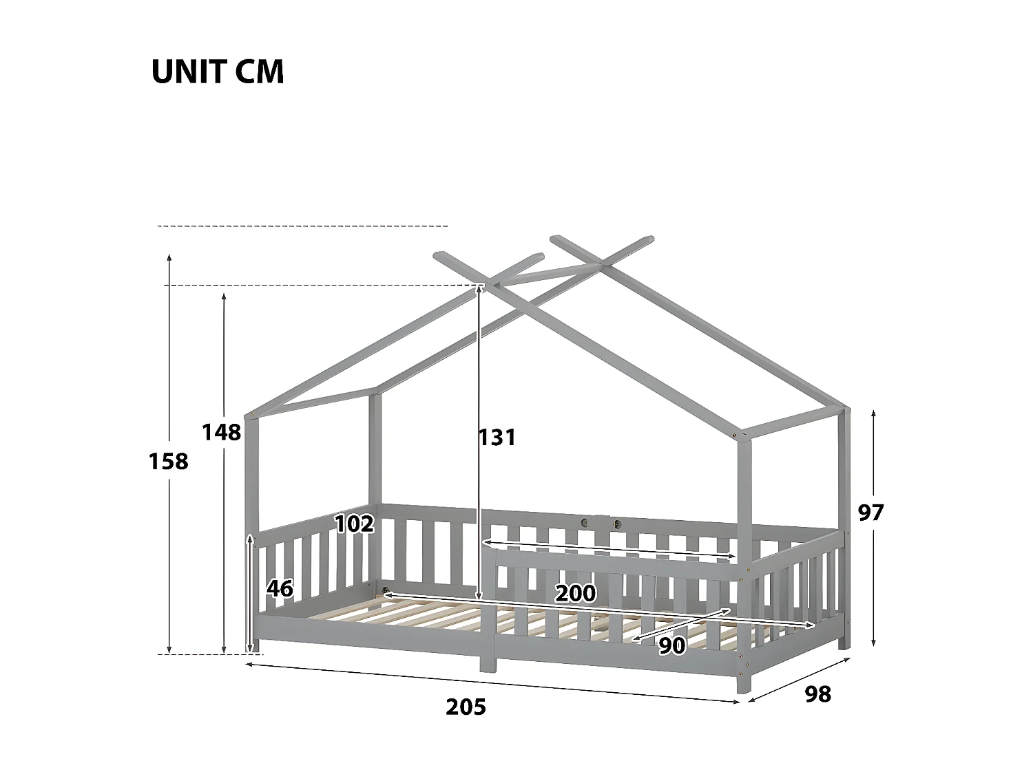 Lit cabane avec grille et sommier à lattes - Gris - 200x90 cm - Sweiko