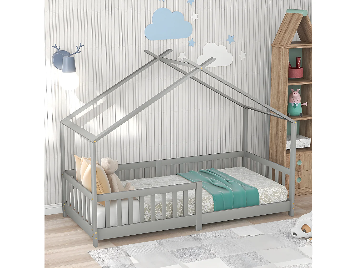 Lit cabane avec grille et sommier à lattes - Gris - 200x90 cm - Sweiko