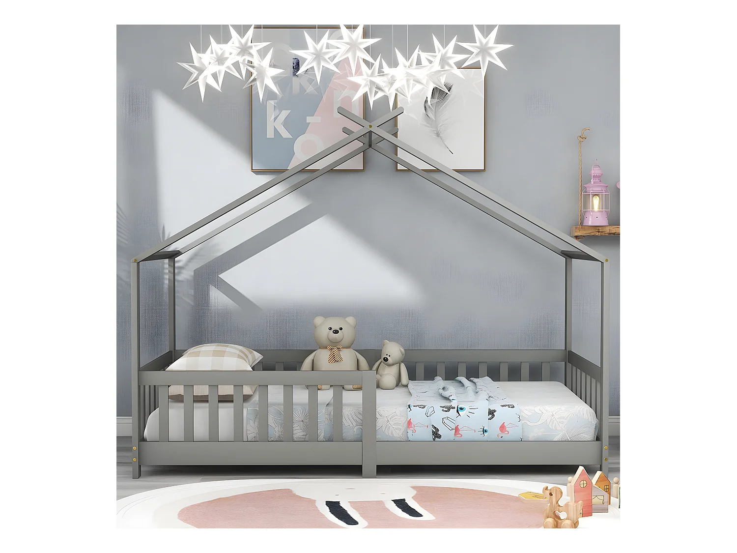 Lit cabane avec grille et sommier à lattes - Gris - 200x90 cm - Sweiko