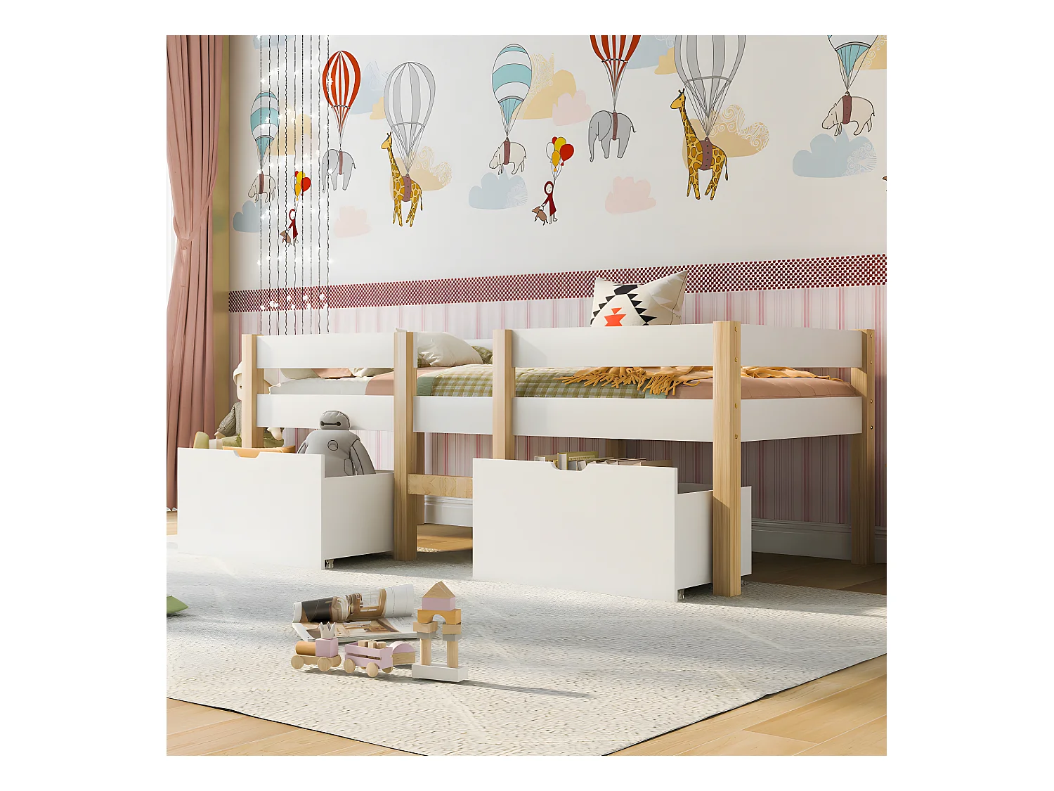 Lit cabane avec protection et échelle - 90x200 cm - blanc et chêne - Sweiko