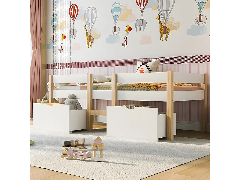 Lit cabane avec protection et échelle - 90x200 cm - blanc et chêne - Sweiko