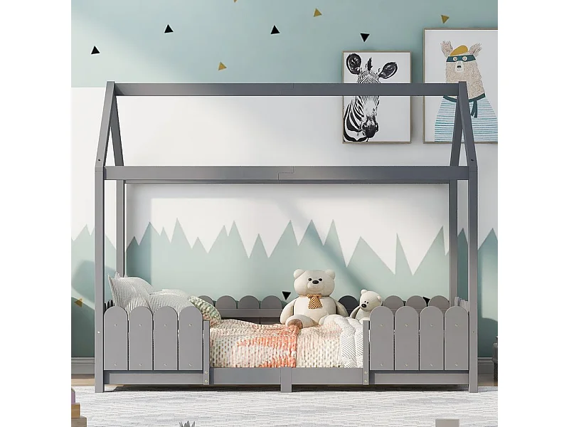 Lit cabane avec protection contre les chutes - Gris - 90x200 cm - Sweiko