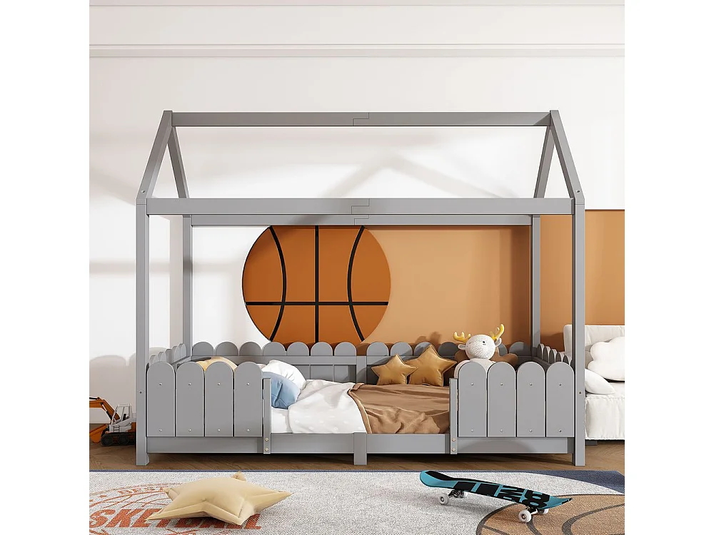 Lit cabane avec protection contre les chutes - Gris - 90x200 cm - Sweiko